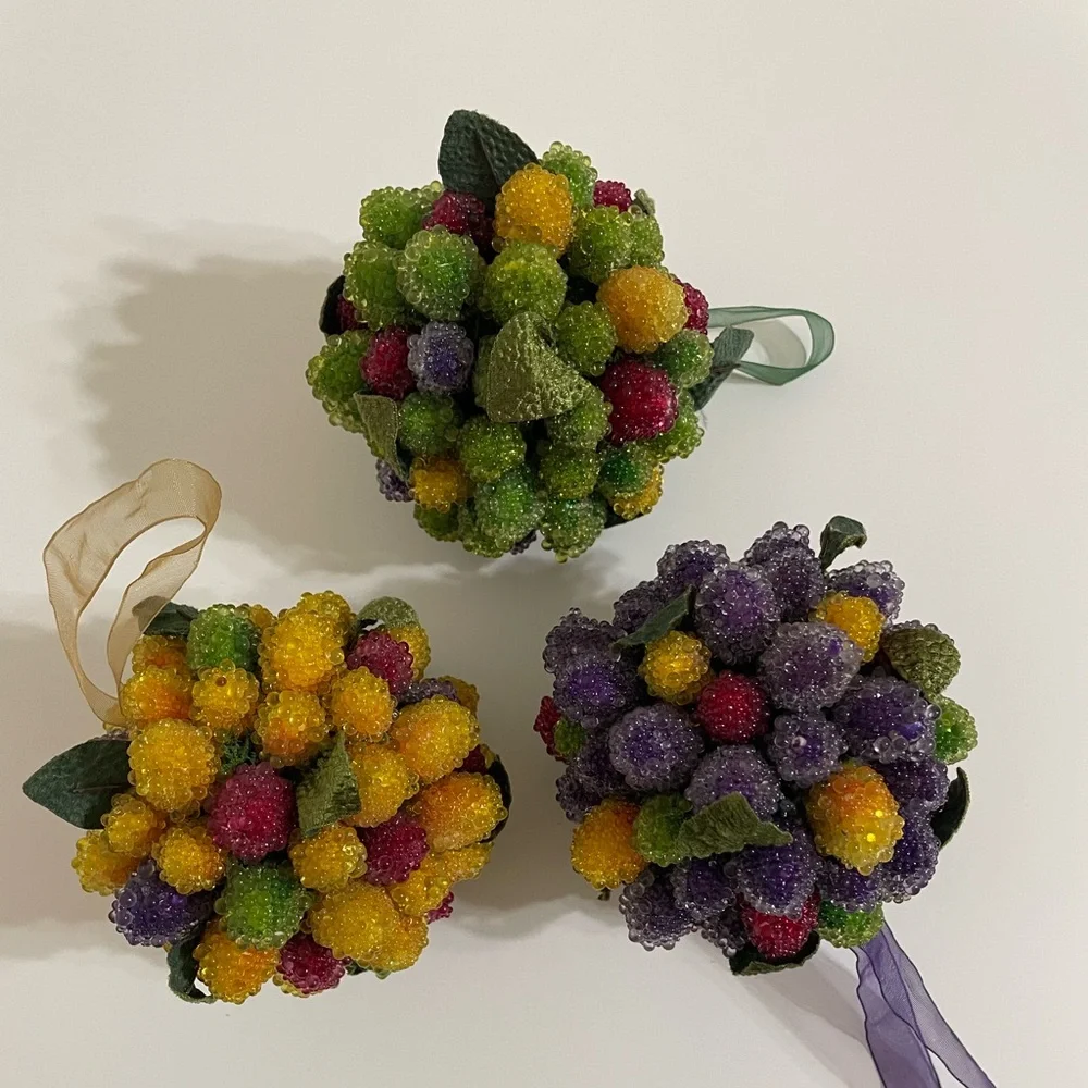 Vintage 90s Set/3 reproduction sugar glass bead fruit balls holiday decor